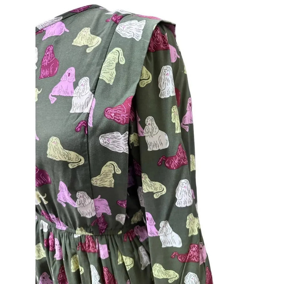 NWT Compania Fantastica Sheep Dog Print Green Smock Dress Size Small - Picture 9 of 11